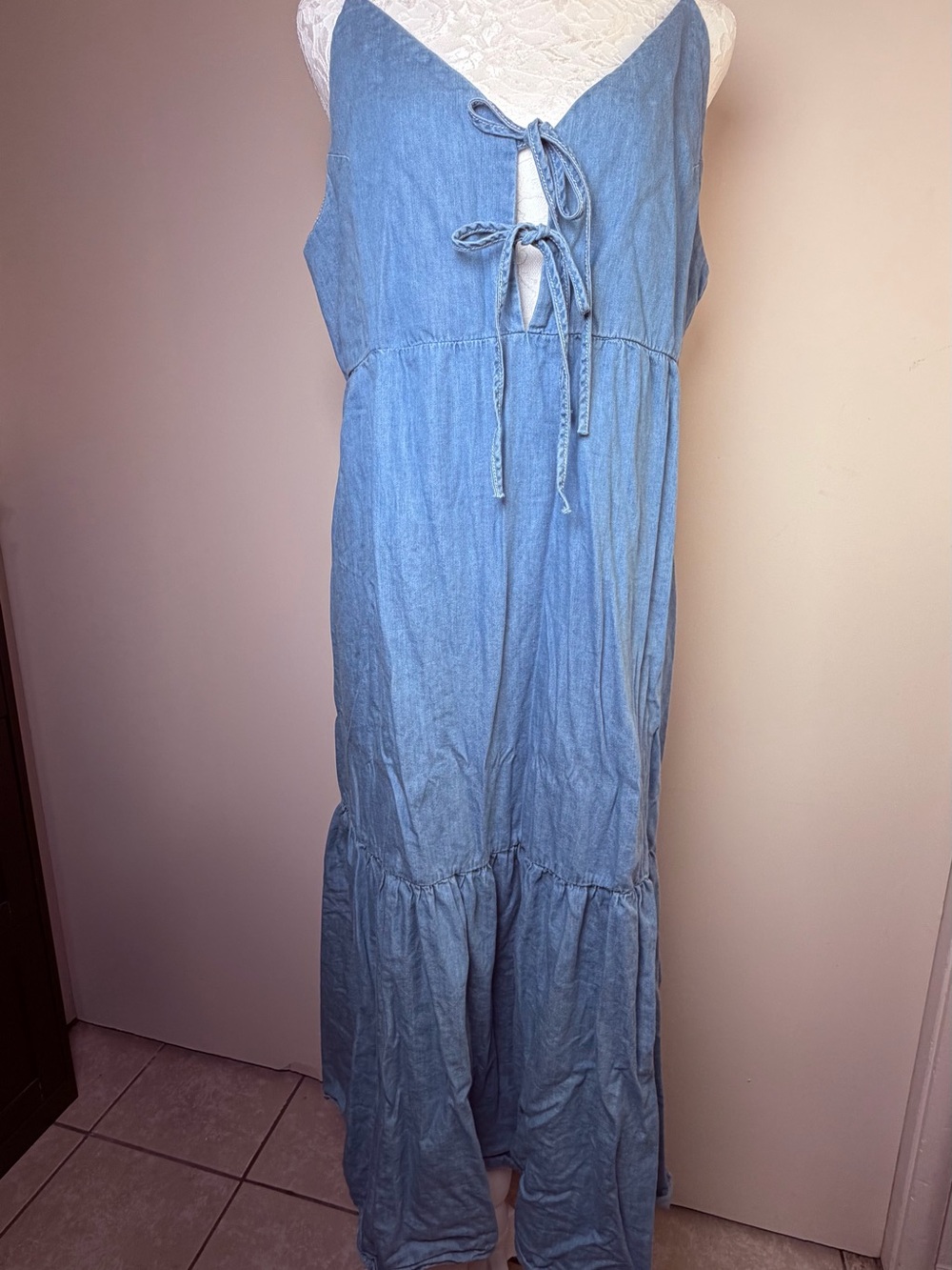 Zara Light Blue Denim Tie-Front Maxi Dress